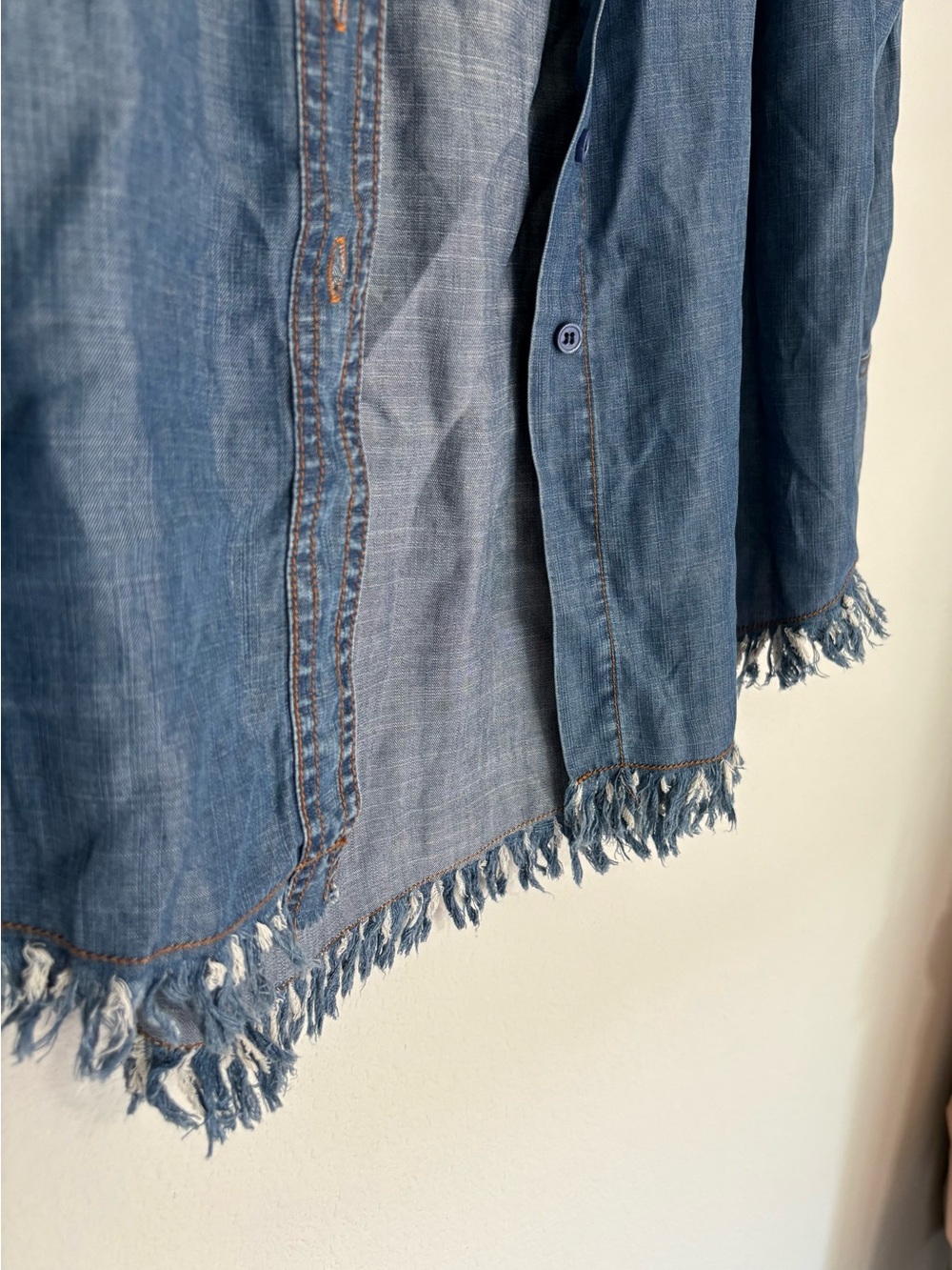 Light Blue Denim Button-Down Shirt with Red Rose Embroidery 100% Tencel - Picture 8 of 9